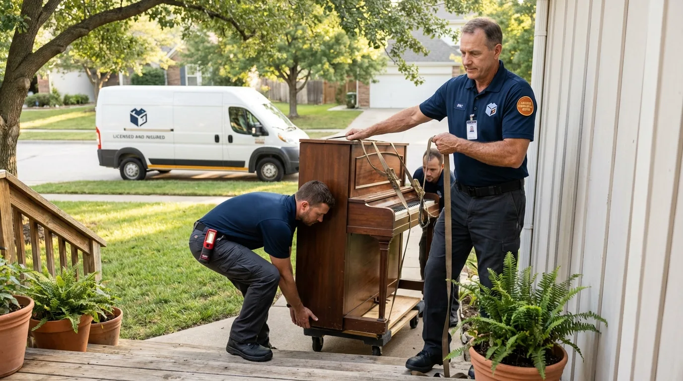 Licensed piano movers securing grand piano in Ansted, WV