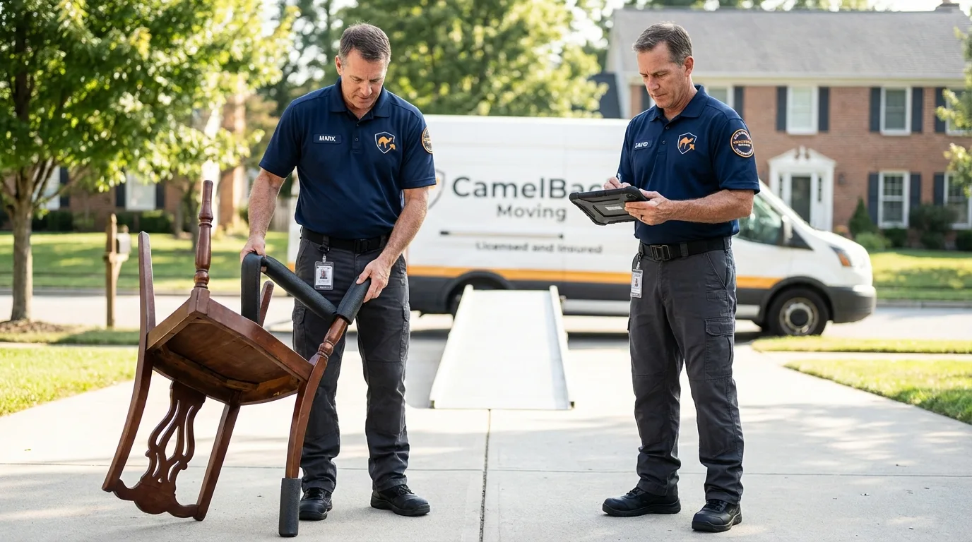 Movers inspecting furniture for damage prevention before loading in Ansted, WV