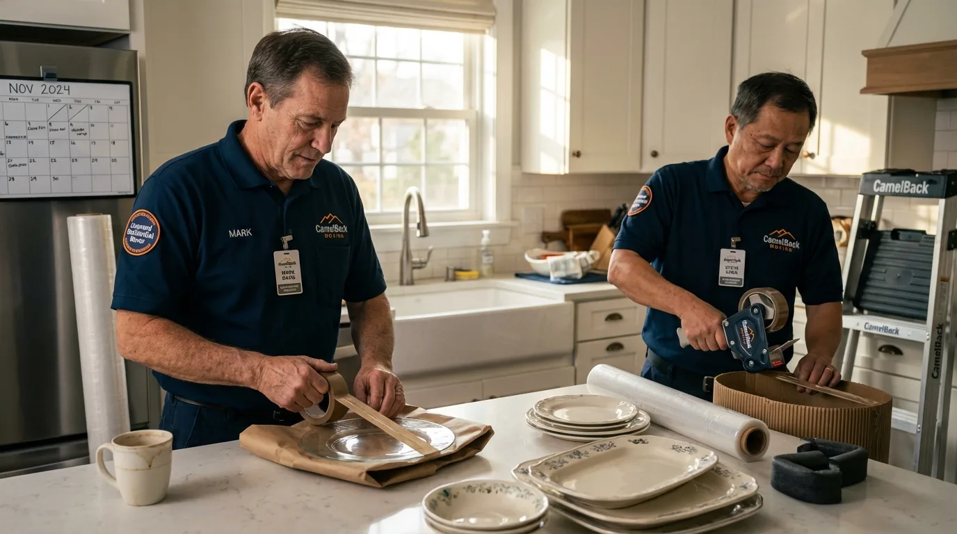 Professional crew packing kitchen dishware in Ansted, WV